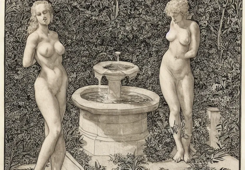 Prompt: Pamela Anderson gazint at a fountain, woodbut by William Morris of Kelmscott Press
