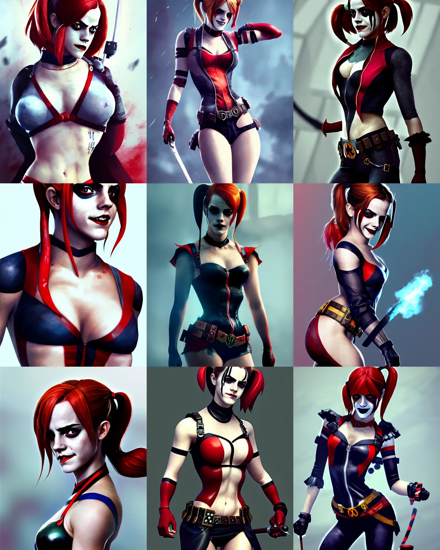 Prompt: attractive Emma Watson as Harley Quinn from Batman Arkham Knight 2009, closed suit, hourglass slim figure, red hair, full body shot close up, seductive smile, details, sharp focus, illustration, by Jordan Grimmer and greg rutkowski, Trending artstation, pixiv, digital Art