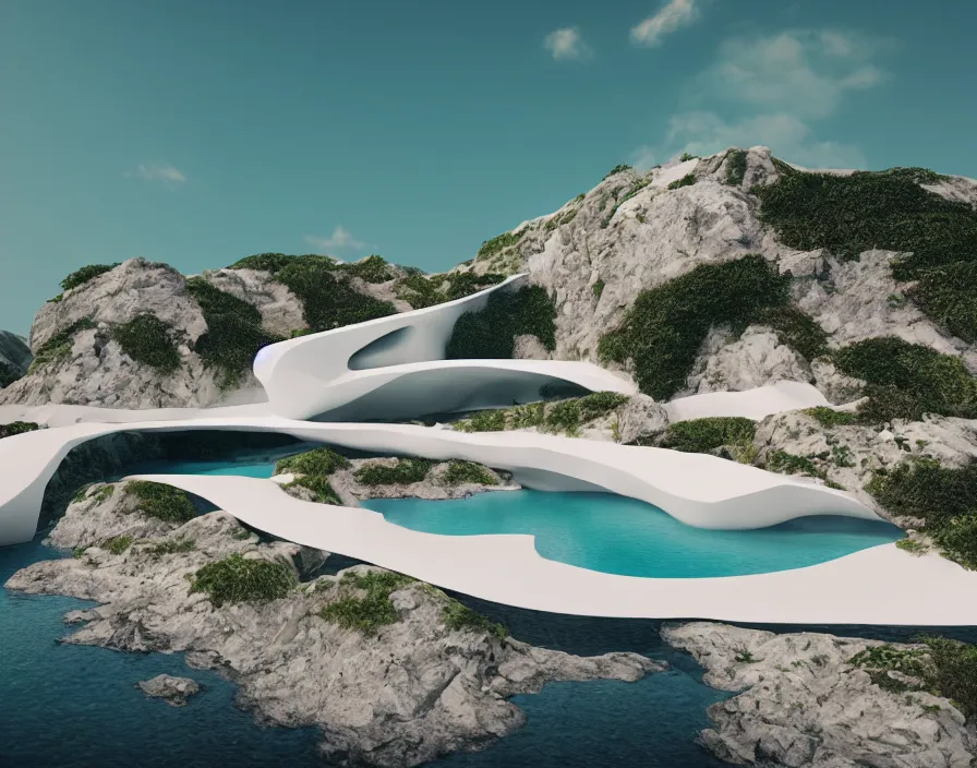 Prompt: extremely long shot flying island, white minimalist architectur, stone grotto in the center. zaha hadid, oscar niemeyer, architectural rendering. trending on artstation. vogue magazine, cinematic, hyperrealism, octane rendering, 8 k, depth of field, bokeh. vibrant. teal gold and red color scheme