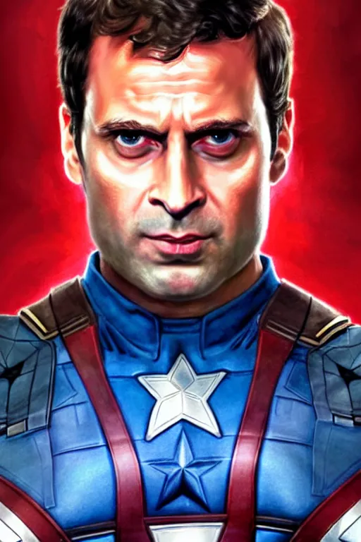 Image similar to Rahul Gandhi as Captain America , Captain America costume, Rahul Gandhi hairstyle, Captain America body type, Rahul Gandhi Face, calm, cute, portrait, baby figure, highly detailed, digital painting, artstation, concept art, smooth, sharp focus, illustration, cinematic lighting, art by artgerm and greg rutkowski and alphonse mucha