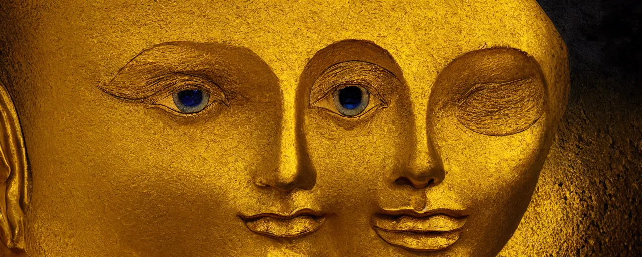 Image similar to a surreal golden painting of giant buddahs eyes floating above the desert