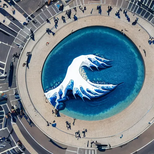 Prompt: A white and blue marble sculpture of The Great Wave off Kanagawa in the middle of an Italian piazza without people, midday, 4k photograph, sunny day, long shot, overhead view, far away