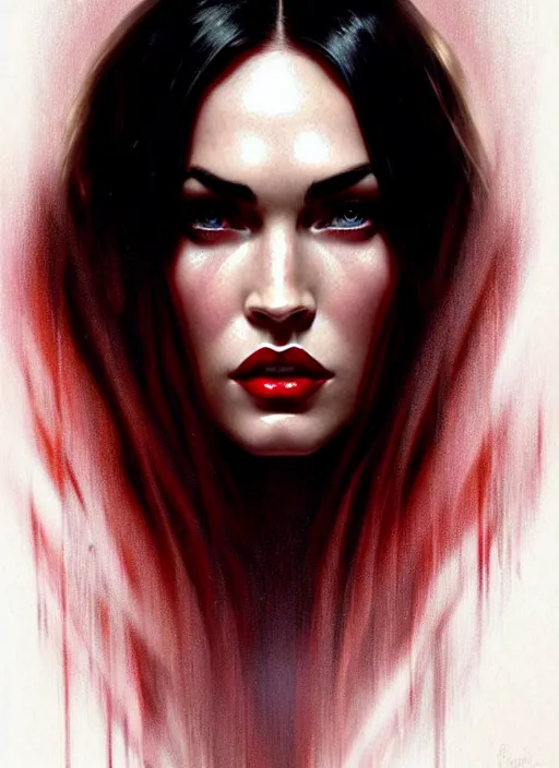 Prompt: portrait of megan fox as a vampire queen, jewelry, greek, dark ruby, intricate, headshot, highly detailed, digital painting, artstation, concept art, sharp focus, cinematic lighting, illustration, art by artgerm and greg rutkowski, alphonse mucha, cgsociety