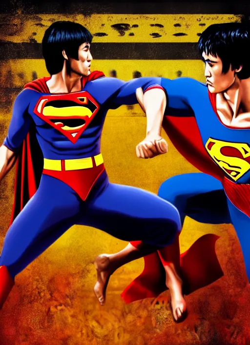Prompt: Film poster Bruce lee fights VS superman, full body, detailed and realistic, 4k, filmic render