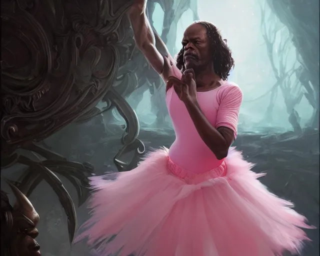 Prompt: photography of samuel l jackson in a pink ballerina outfit, medium body shot, deep focus, d & d and mtg, fantasy, intricate, elegant, highly detailed, digital painting, artstation, concept art, matte, sharp focus, illustration, hearthstone, art by artgerm and greg rutkowski and alphonse mucha