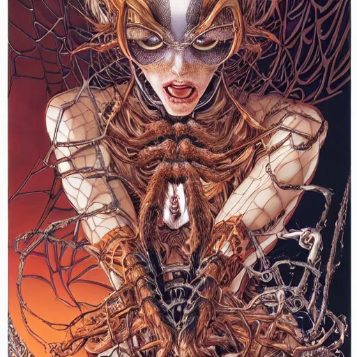 Image similar to portrait of crazy spider girl, symmetrical, by yoichi hatakenaka, masamune shirow, josan gonzales and dan mumford, ayami kojima, takato yamamoto, barclay shaw, karol bak, yukito kishiro