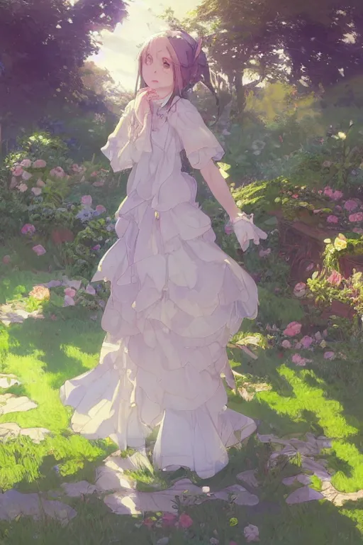 Image similar to a depressed digital art, loli in dress, garden, green and warm theme, blue accents, back lighting, highly detailed, 4 k resolution, trending on art station, by krenz cushart and mucha and akihito yoshida and greg rutkowski and makoto shinkai