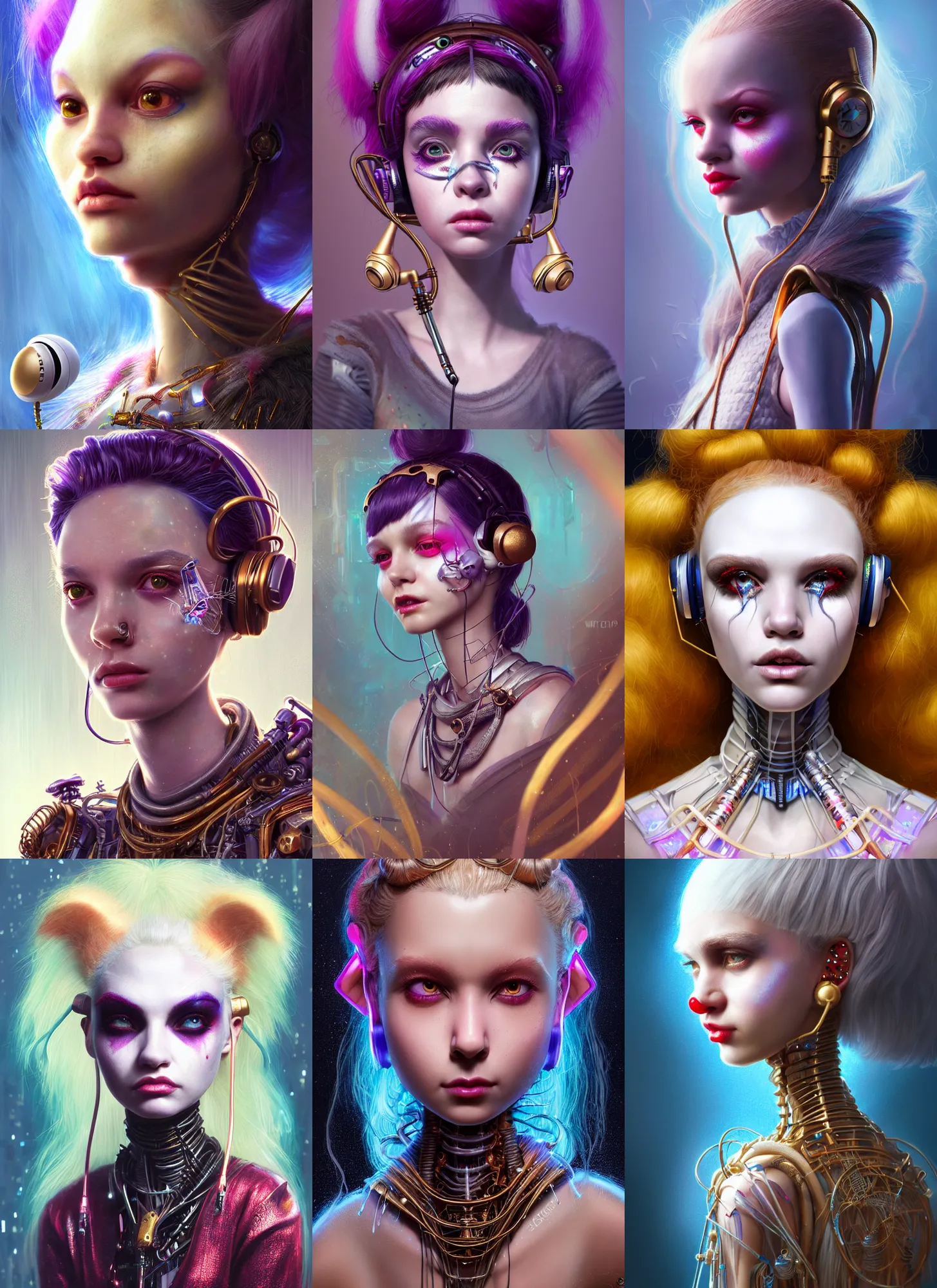 Prompt: disney weta portrait, soft lustrous biotech raver white clowncore emo cyborg, earbuds, ( golden ratio ) details, sci - fi, fantasy, cyberpunk, intricate, decadent, highly detailed, digital painting, ever after high, octane render, artstation, concept art, smooth, sharp focus, illustration, art by pixar, loish, wlop