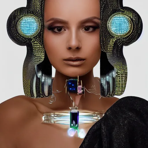 Image similar to portrait of a beautiful futuristic woman layered with high-tech jewelry wrapping around her face and head, 2067