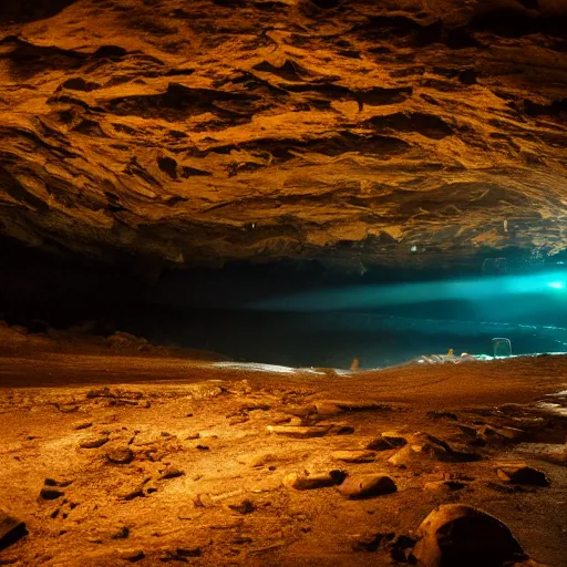 Prompt: Gigantic structures found in the depths of an enormous dark cave. Wide shot, cinematic, 4k