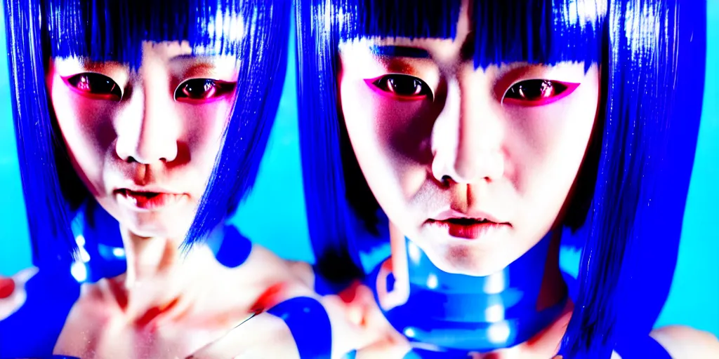 Image similar to a close - up risograph of cyberpunk japanese model girl with black eyes and pretty face wearing latex catsuit and lots of transparent and cellophane accessories, blue hour, twilight, cool, portrait, kodachrome, iso 1 2 0 0, painting by mayumi hosokura