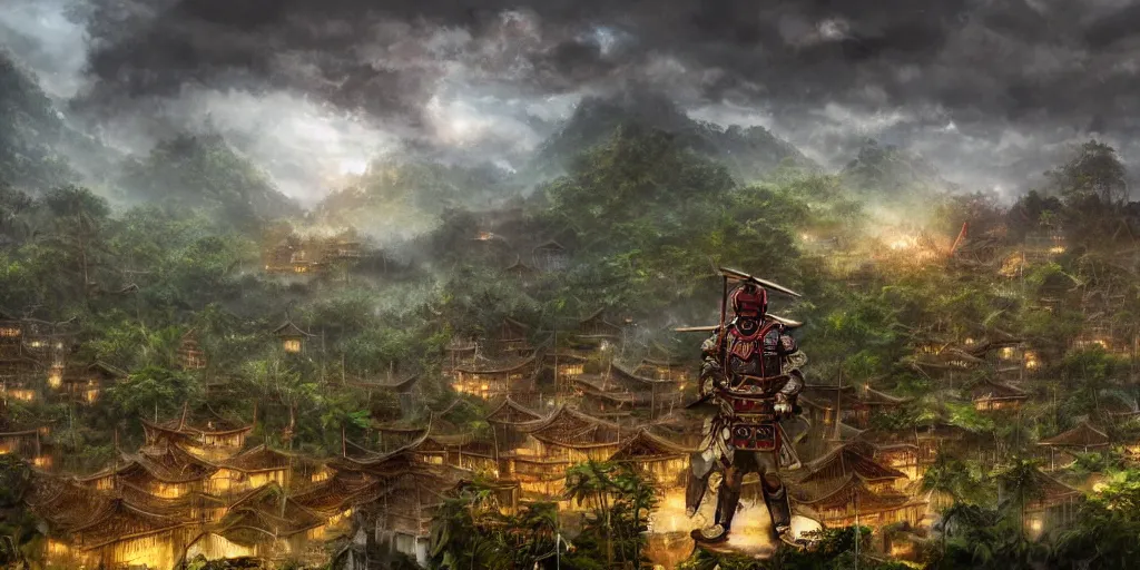 Prompt: a gigantic standing haunted samurai guardian dominates a huge hidden bamboo village in the jungle, evening, ominous sky, flags, matte painting, craig mullins