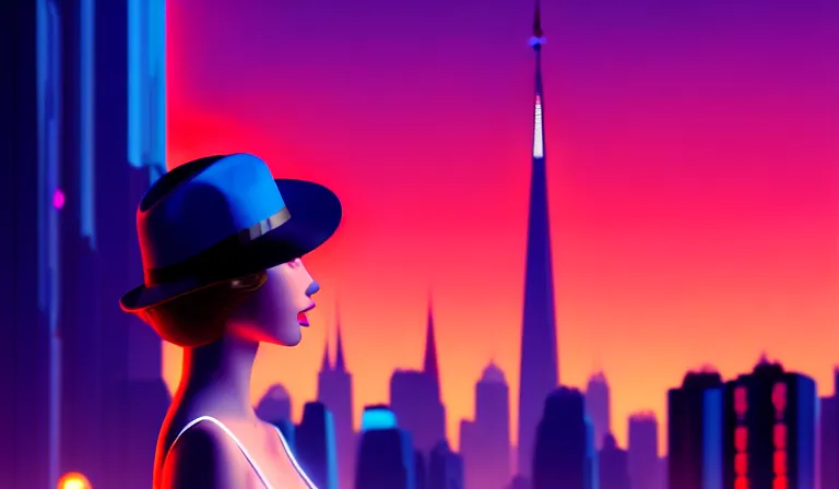 Prompt: a beautiful and immaculate young teenager girl with fedora hat. synthwave, night time, detailed. trending on artstation. recommended for you behance. by chris moore. by edward hopper., beeple colors, metropolis filmic. gotham city.