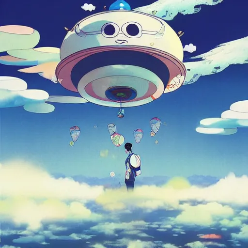 Image similar to a man walking on clouds above kyoto by takashi murakami, beeple and james jean, aya takano color style, 4 k, super detailed