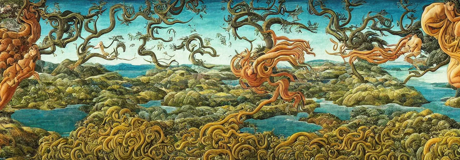 Image similar to beautiful landscape mural of an alien planet, lush landscape, vivid colors, intricate, highly detailed, masterful, fantasy world, in the style of sandro botticelli, moebius