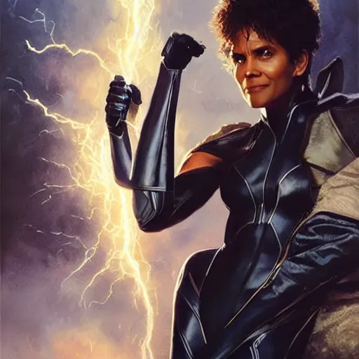 Image similar to halle berry as the character strom from x - men, white hair, lightning beings, epic splash cover art, meeting chadwick boseman black banther, by artgerm, greg rutkowski, james gurney, alex ross