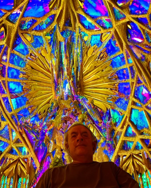 Image similar to King sitting in an iridescent throne designed by Gaudi (inspired by Sagrada Familia), bokeh, long shot