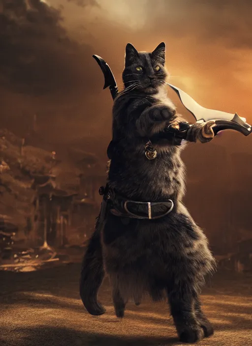 Prompt: film still of a bipedal cat with a black eyepatch over its right eye and a huge sword on its back, 4 k