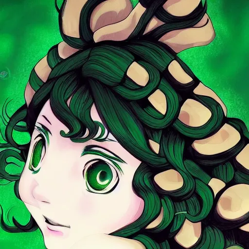 Image similar to beautiful portrait art of tatsumaki with green curly hair, trending on pixiv booru artstation, detailed anime illustration