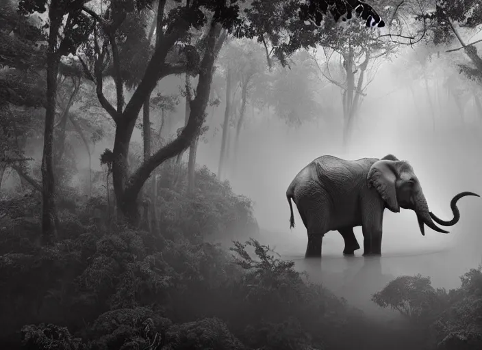 Prompt: an elephant octopus chimera, in a jungle with ominous light from above, great photography, ambient light, fog, river