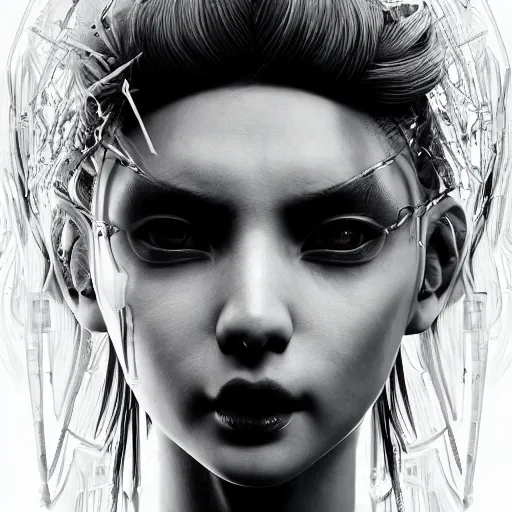 Image similar to the portrait of an absurdly beautiful, graceful, sophisticated, fashionable cyberpunk gravure idol, an ultrafine hyperdetailed illustration by kim jung gi, irakli nadar, hanna moon, intricate linework, neon colors, porcelain skin, unreal engine 5 highly rendered, global illumination, radiant light, detailed and intricate environment