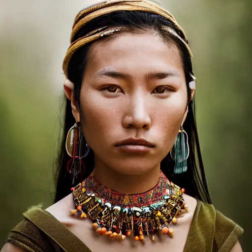 Prompt: portrait of a stunningly beautiful asian tribal female, freckles, olive skin, shining eyes, depth of field, zeiss lens, detailed, symmetrical, centered, fashion photoshoot, by Annie Leibovitz and Steve McCurry, David Lazar, Jimmy Nelsson, Breathtaking, 8k resolution, extremely detailed, beautiful, establishing shot, artistic, hyperrealistic, beautiful face, octane render