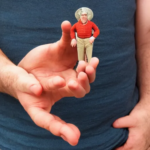 Image similar to a middle aged man holding a six inch man in his palm