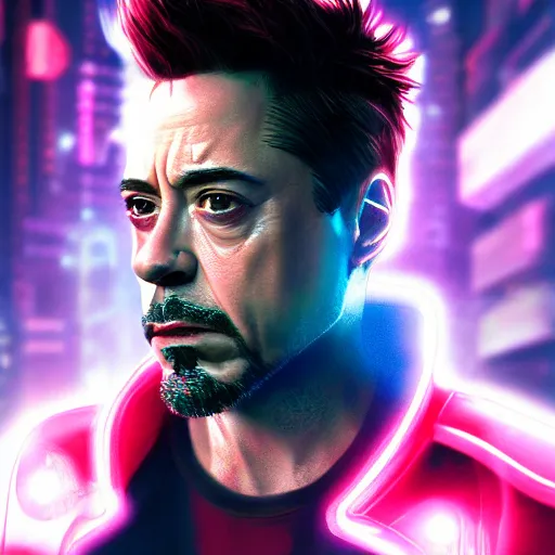 Prompt: robert downey jr portrait, Cyberpunk 2077, cyberpsycho, photorealistic, ultra detailed, neon, octane, bokeh, cyber, cyberpunk city, feature, scars, cyberface, 8k