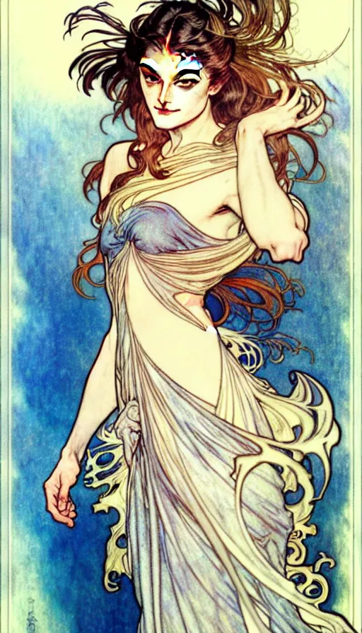 Image similar to in the style of artgerm, arthur rackham, alphonse mucha, phoebe tonkin, symmetrical eyes, symmetrical face, flowing blue skirt, hair blowing, full body, intricate filagree, hidden hands, warm colors, cool offset colors