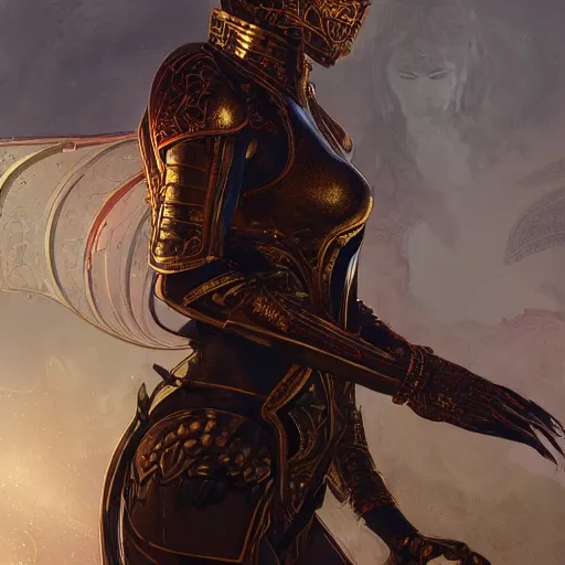 Prompt: portrait knights of Zodiac girl, metallic black and reddish color reflected armor, in ruined Agora of Athens, ssci-fi, fantasy, intricate, very very beautiful, elegant, golden light, highly detailed, digital painting, artstation, concept art, smooth, sharp focus, illustration, art by tian zi and WLOP and alphonse mucha