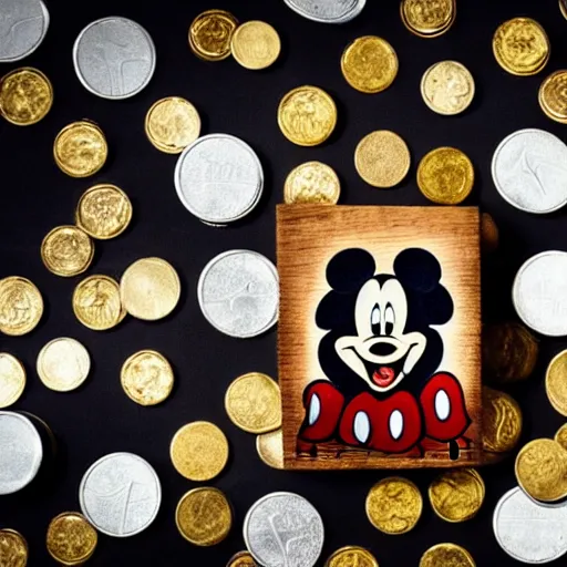 Prompt: mickey mouse laying down with arms crossed on a pyre of wood with coins over their eyes