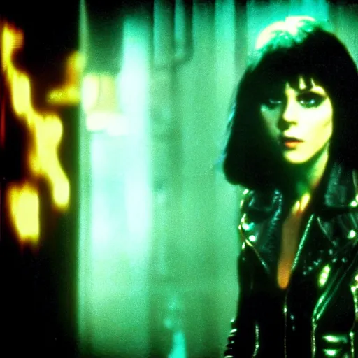 Image similar to a film portrait still of joan jett in blade runner, gritty cyberpunk atmosphere. realism, cinematic lighting, beautiful gothic fantasy photorealistic, 4 k. 8 mm. grainy. panavision.