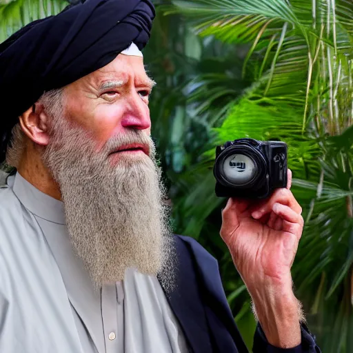 Image similar to 4 k portrait sony a 7 f 2. 8 wide angle of president joe biden as a taliban leader with a beard showering in a tropical jungle shower surrounded by secret agents