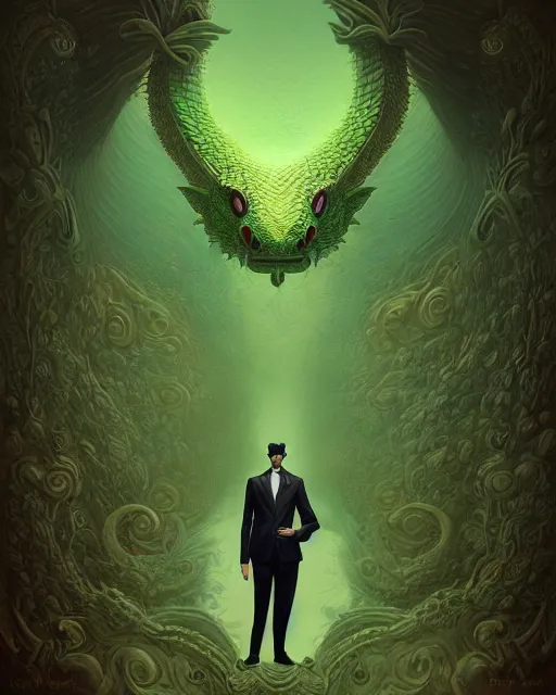 Image similar to anthropomorphic art of a businessman dragon, green dragon, portrait, victorian inspired clothing by artgerm, victo ngai, ryohei hase, artstation. fractal papers and books. highly detailed digital painting, smooth, global illumination, fantasy art by greg rutkowsky, karl spitzweg