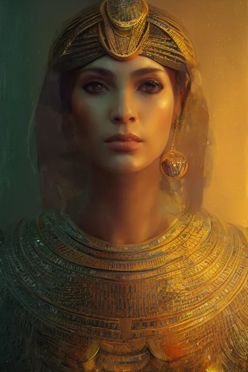 Image similar to egyptian princess, gorgeous, portrait, powerfull, intricate, elegant, volumetric lighting, digital painting, highly detailed, artstation, sharp focus, illustration, ruan jia
