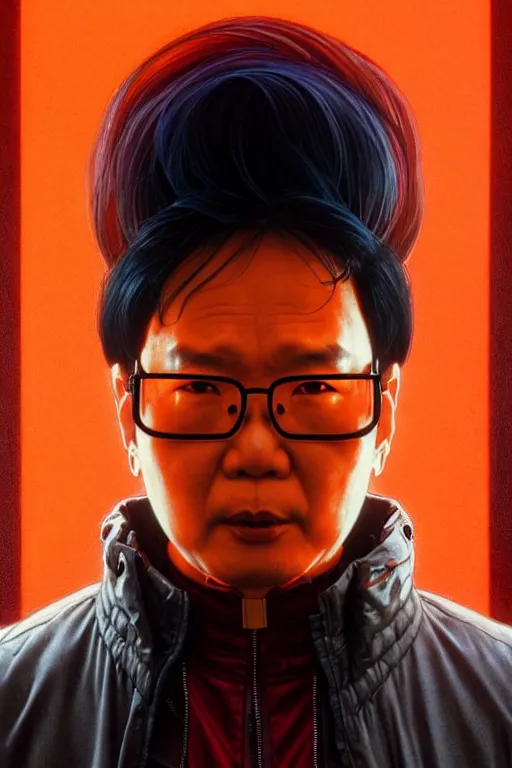 Image similar to a middle aged asian man with short black hair, broad shoulders, thick round spectacles, wearing a bright orange bomber jacket, seductive cyberpunk dark fantasy, art by artgerm and karol bak and moebius and alphonse mucha and greg rutkowski, hyperdetailed, ultrarealistic, octane render