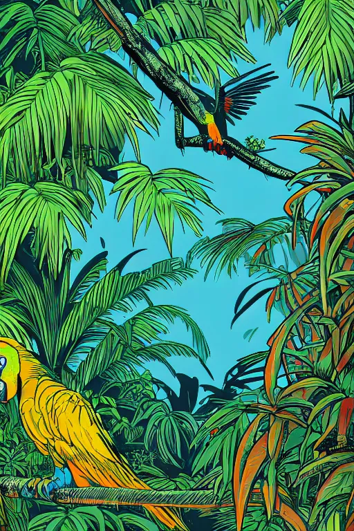 Image similar to a beautiful linocut of a lush jungle with a macaw parrot, 8 k, frostbite 3 engine, cryengine, dof, trending on artstation, digital art, crepuscular ray, art by roy l davies and tugboat printshop