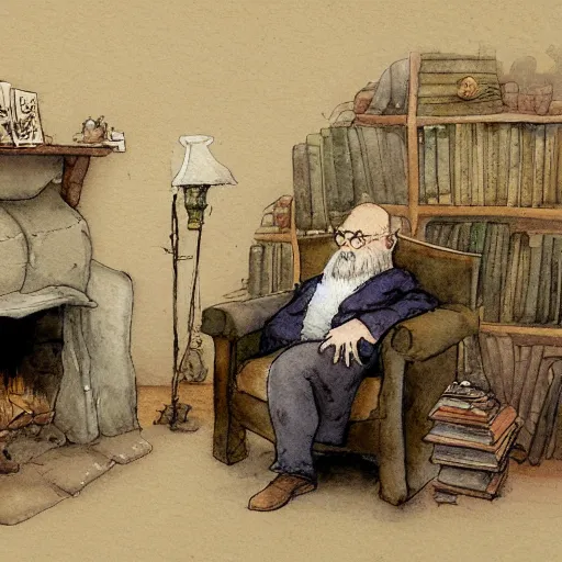 Prompt: a muted color watercolor sketch of a old man sitting in big chair next of a fireplace in his hobbit house living room surrounded by stacks of books from story book character ifrom the book Baltimore & Redingote by Jean-Baptiste Monge of an old man in the style of by Jean-Baptiste Monge that looks like its by Jean-Baptiste Monge and refencing Jean-Baptiste Monge