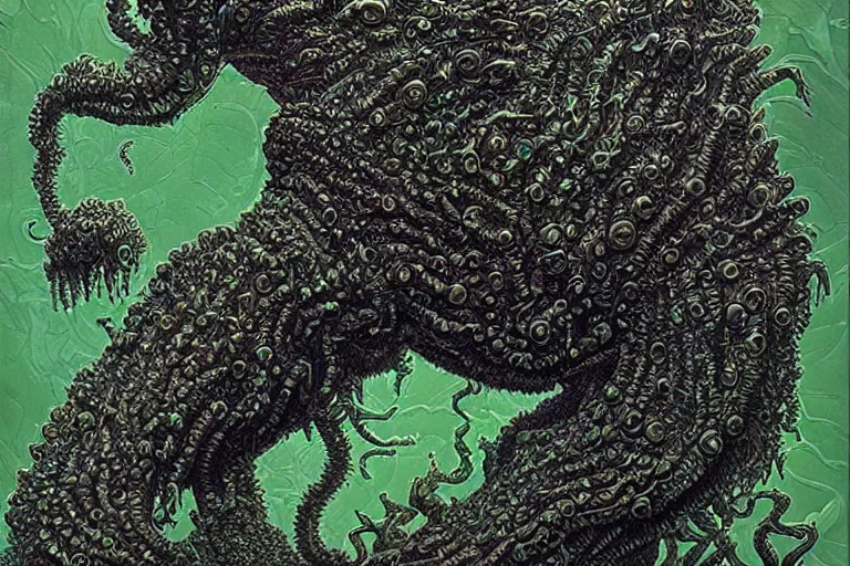 Prompt: lovecraftian eldritch monster made of limes by wayne barlowe. 8 k intricate details hypermaximalist 2 d