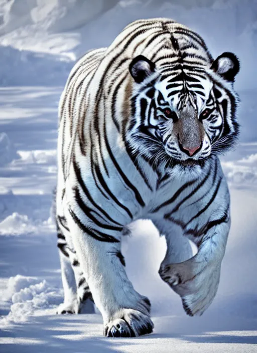 Image similar to White tiger walking in ice, science fiction, high detail, blizzard