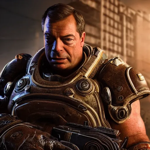 Image similar to Portrait of Nigel Farage in Gears of War, splash art, movie still, cinematic lighting, dramatic, octane render, long lens, shallow depth of field, bokeh, anamorphic lens flare, 8k, hyper detailed, 35mm film grain