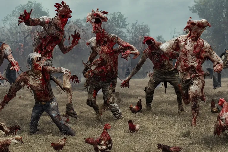 Prompt: Crazy redneck zombies fight a horde of dressed chickens, 3d scene, render, ultra realistic, zenith view, Greg Rutkowski, artstation, cgsociety, unreal engine, ray tracing, detailed illustration, hd, 4k, Trending on artstation, deviantart