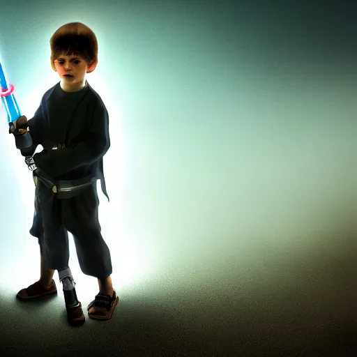 Prompt: boy holding a lightsaber, cinematic art