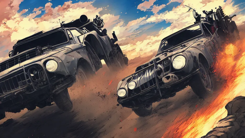 Image similar to anime illustration of mad max's fj 4 0 pursuit special, the last v 8 interceptor driving down to the gates of valhalla highway, riding fury road eternal shiny and chrome, world of fire and blood, by makoto shinkai, ilya kuvshinov, lois van baarle, rossdraws, basquiat, global illumination ray tracing hdr