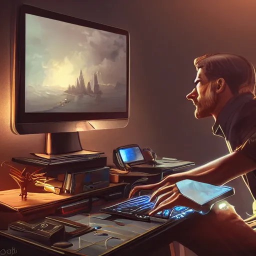 Image similar to realistic rich man using laptop in gaming room, artstation trends, future concept art, highly detailed, intricate, sharp focus, digital art, 8 k