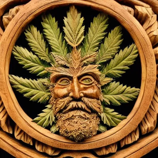 Image similar to deeply carved and stained, highly detailed wood carving depicting the face of the marijuana green man, as if made of obvious cannabis fan leaves, resting in a bed of real cannabis leaves