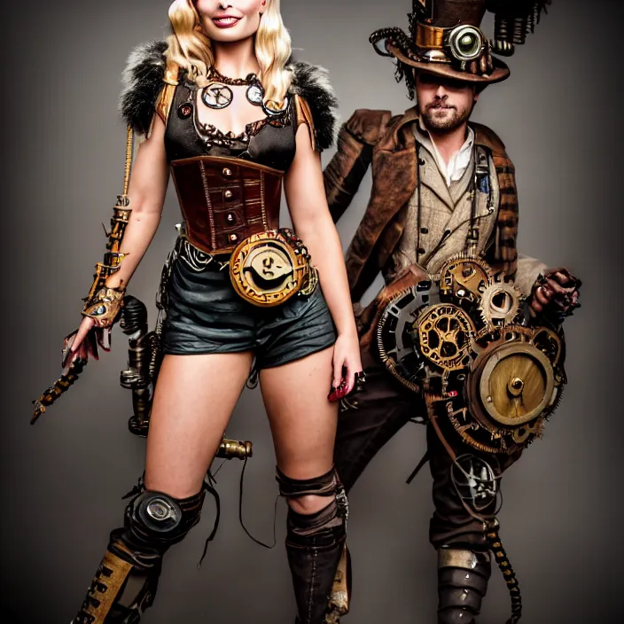 Prompt: full body portrait photograph of a margot robbie as a steampunk warrior. Extremely detailed. 8k