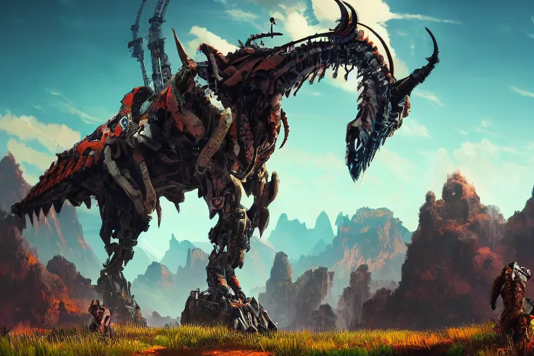 Image similar to grimhorn fanghorn machine mecanical creature robot of horizon forbidden west horizon zero dawn bioluminiscence global illumination ray tracing hdr fanart arstation by ian pesty and alena aenami artworks in 4 k