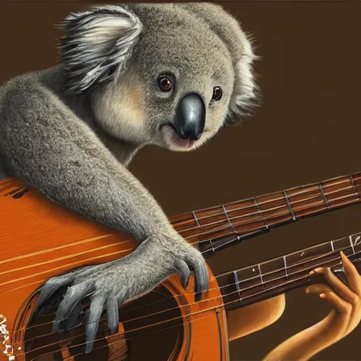 Prompt: Koala playing a guitar, highly detailed, fantasy art, in the style of greg rutkowski, illustration, epic, fantasy, intricate, hyper detailed, artstation, concept art, smooth, sharp focus, ray tracing