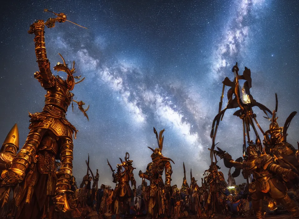Prompt: The large glowing futuristic warrior statue towers over the the chanting tribesmen worshipping in the center of their village. 1100 AD. The Milky Way Galaxy is visible in the night sky along with many constellations and nebulas. Cinematic, Award winning, ultra high resolution, intricate details, UHD 8K. Hidden message.